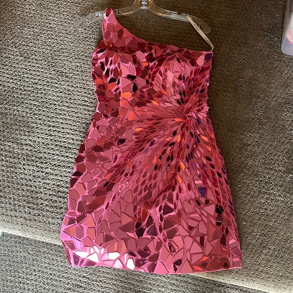 Beautiful pink one shoulder Sherri hill with the reflective pieces covering it
